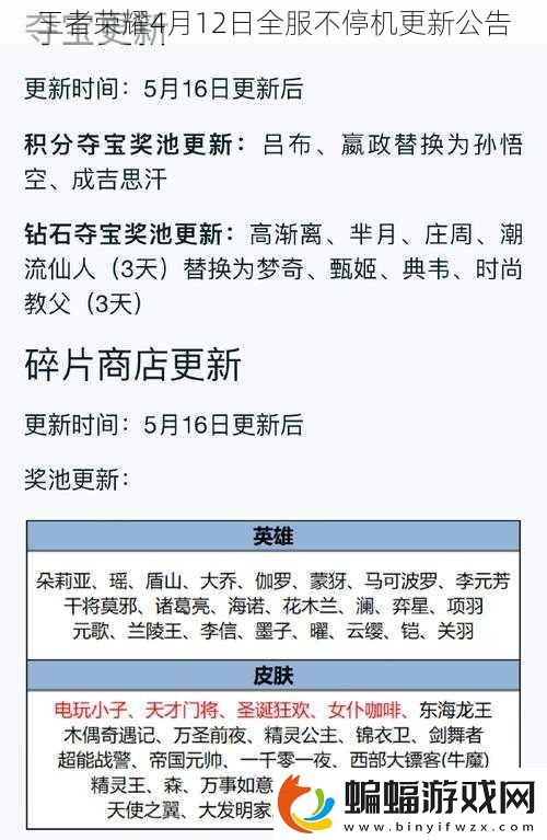 王者榮耀4月12日全服不停機更新公告